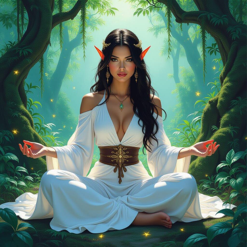 Elf Meditating in Mystical Forest, Fantasy Art