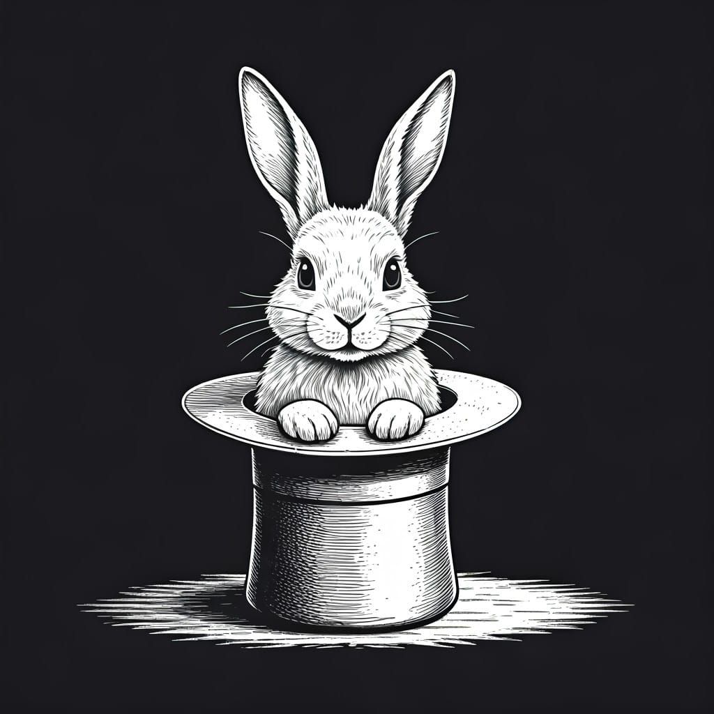 Detailed Ink Drawing of Magic Bunny in Hat