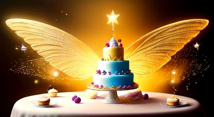 Photorealistic Fairy Wings Hovering Over Purple Cake