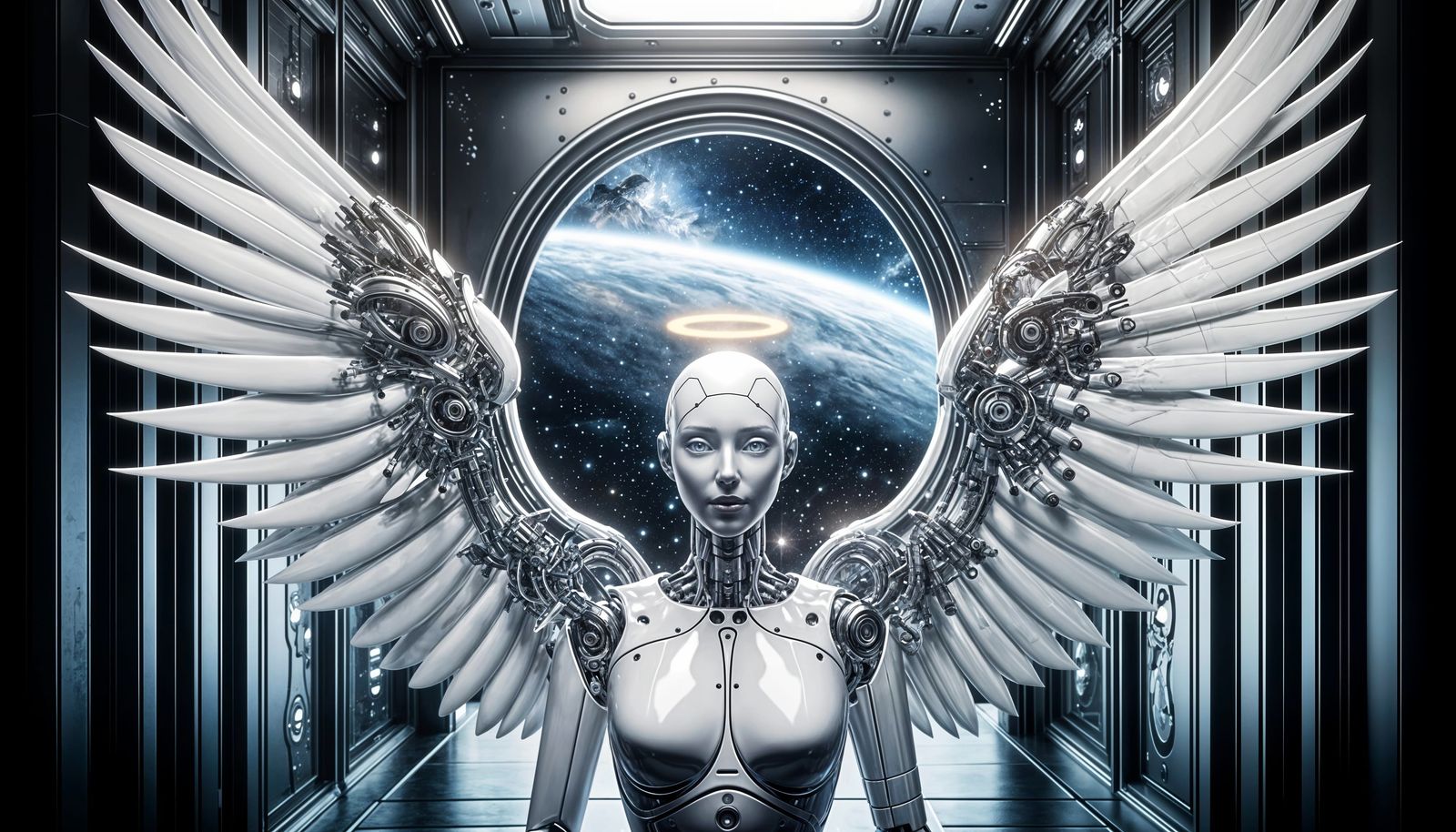 Cyberpunk Angel in Shimmering Metallic Wings