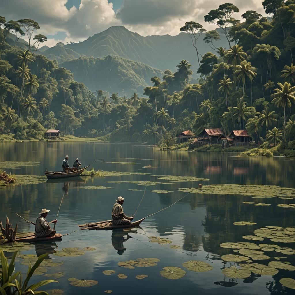 Fisherman on Lake Sentani: Detailed Digital Painting