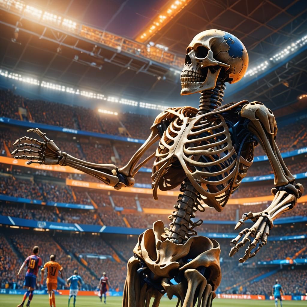 Skeleton Celebrates Goal in Fantasy Soccer Stadium