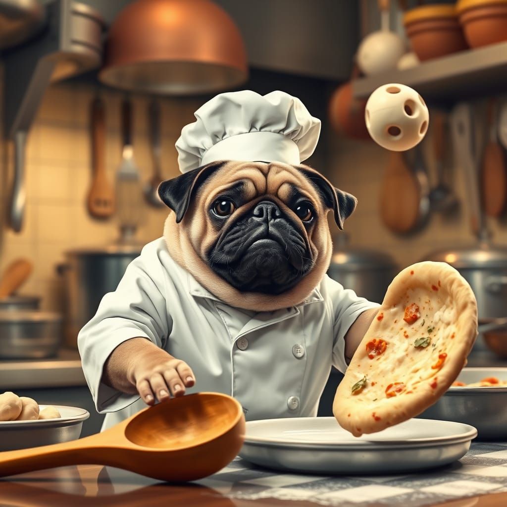 Pug Chef Tosses Pizza in Whimsical Kitchen Scene