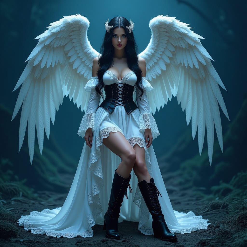 Gothic Angel in Dark Mystical Scene with Bold Colors