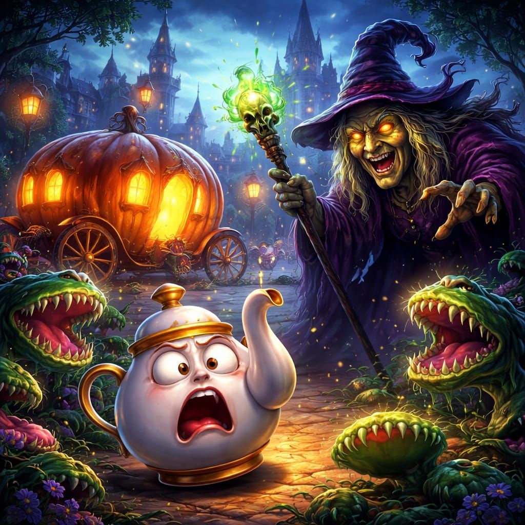Terrified Teapot Flees Witch in Pumpkin Carriage