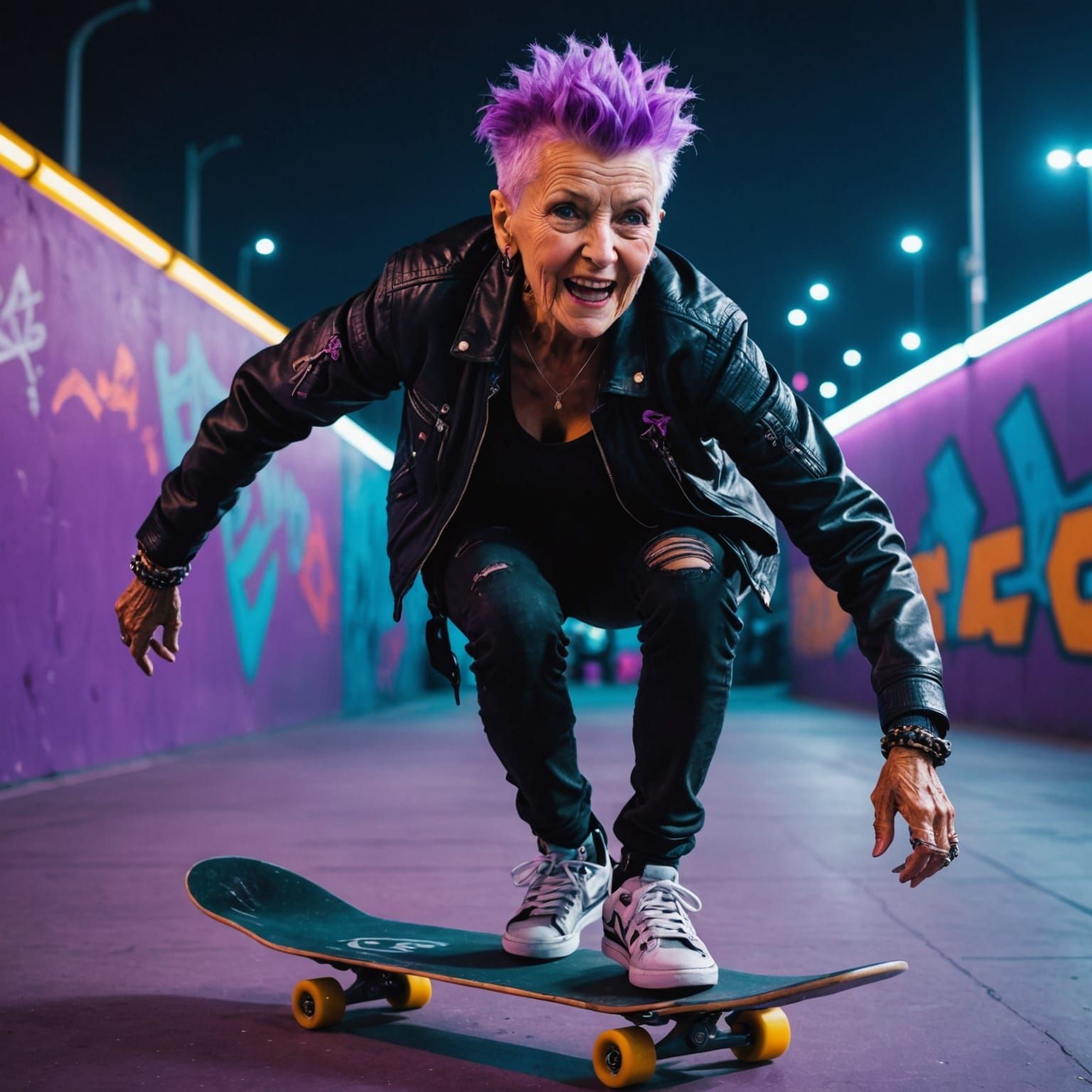 Elderly Woman with Purple Mohawk Skateboarding in Cyberpunk ...