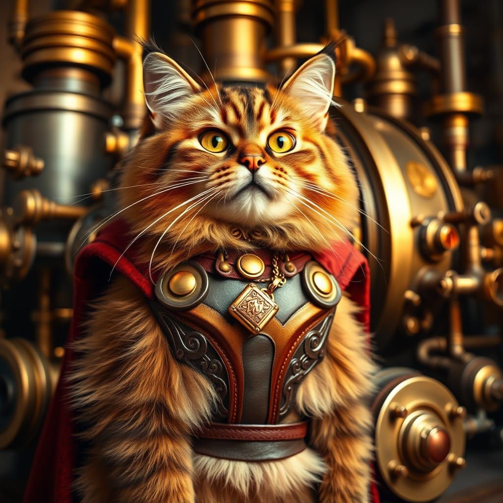 Regal Steampunk Cat Wields Golden Hammer