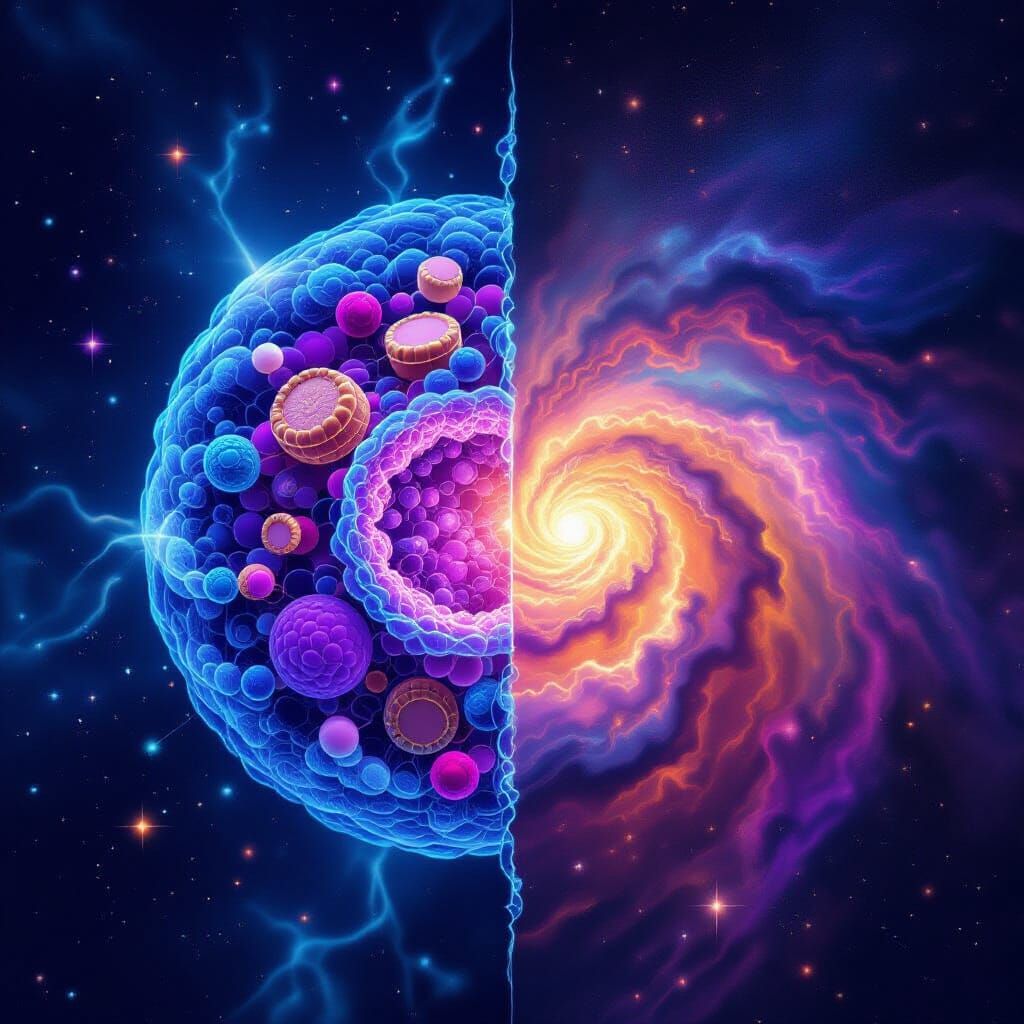 Microscopic Cell Merges with Cosmic Nebula Illustration