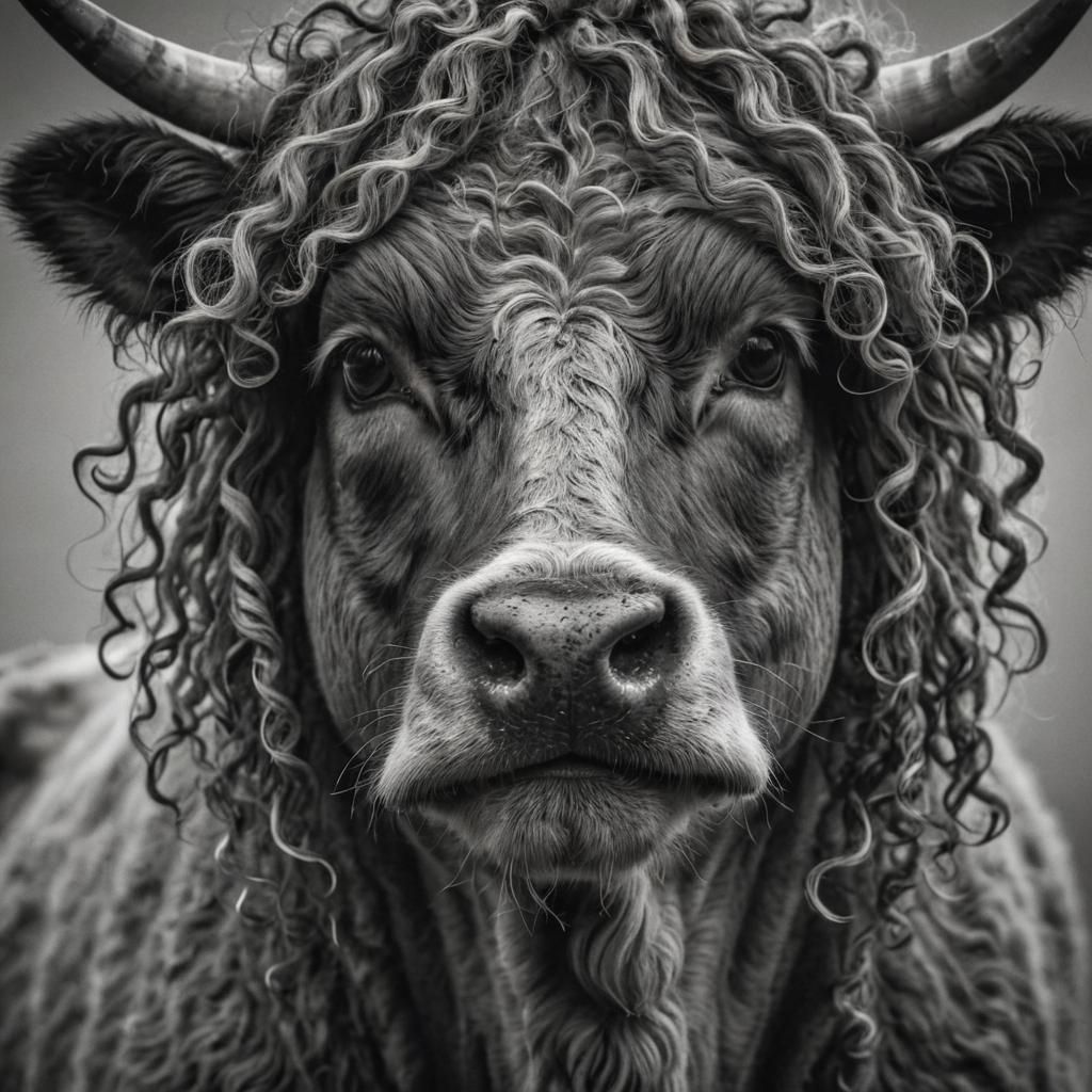 Curly Highland Cow Portrait in Line Art