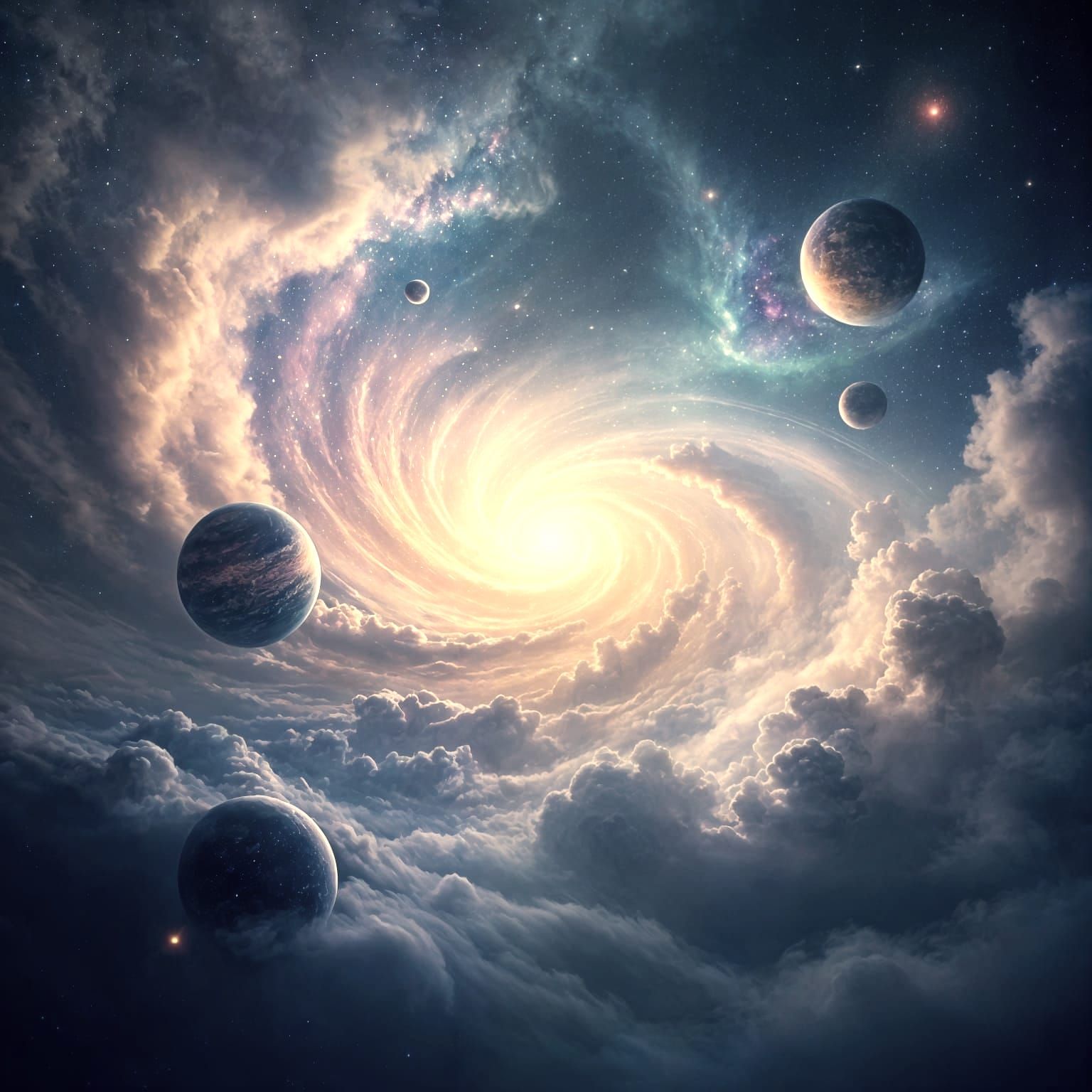 Dreamy Cosmic Night Sky with Galaxies and Planets