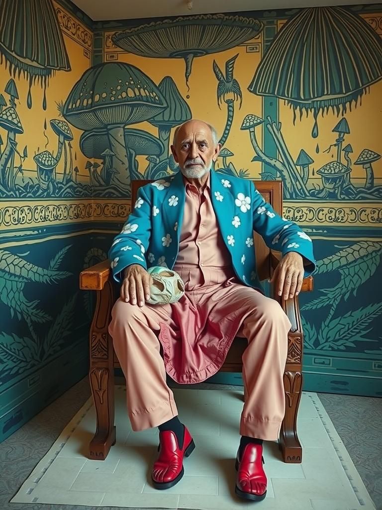 Linocut Mushroom Scene with Porcelain Sculptors