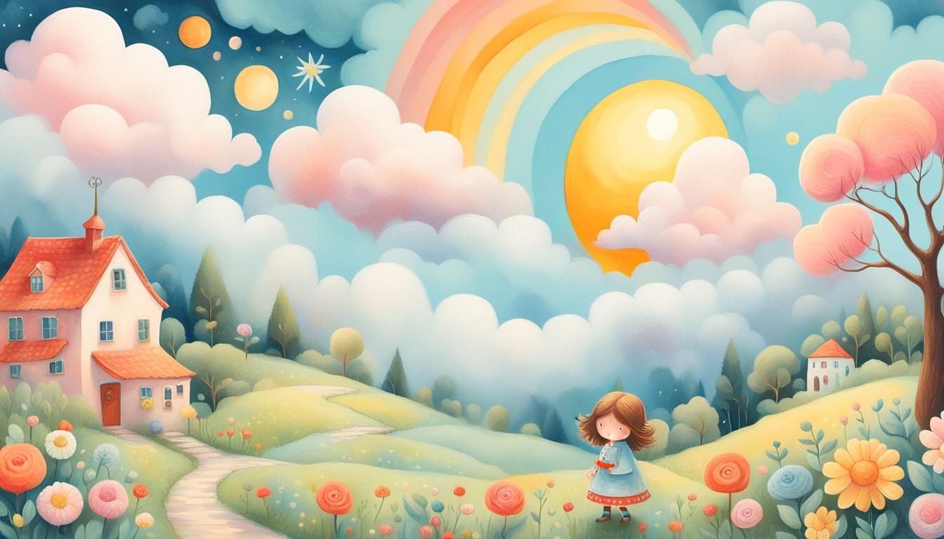 Adorable Dolly in Naive Art Landscape