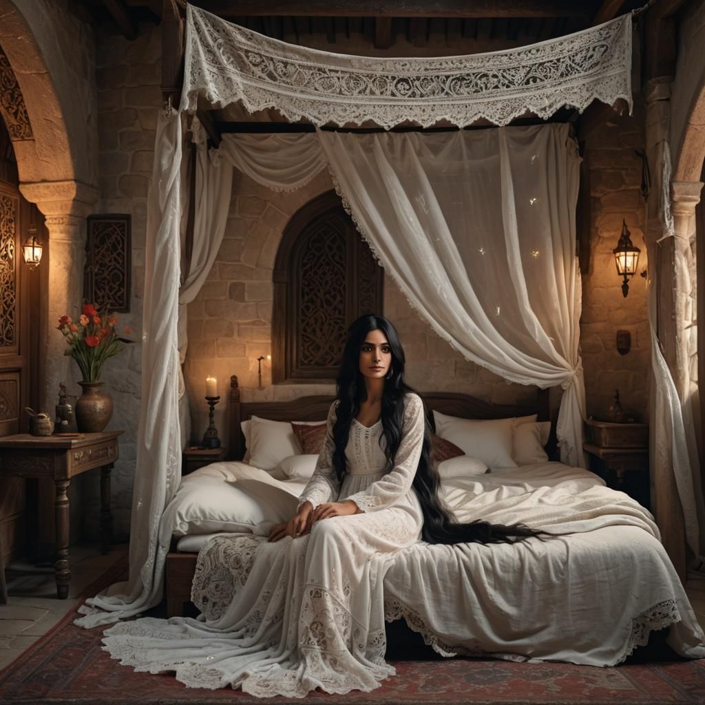 Arabic Woman in Medieval Bedroom, Fantasy Art