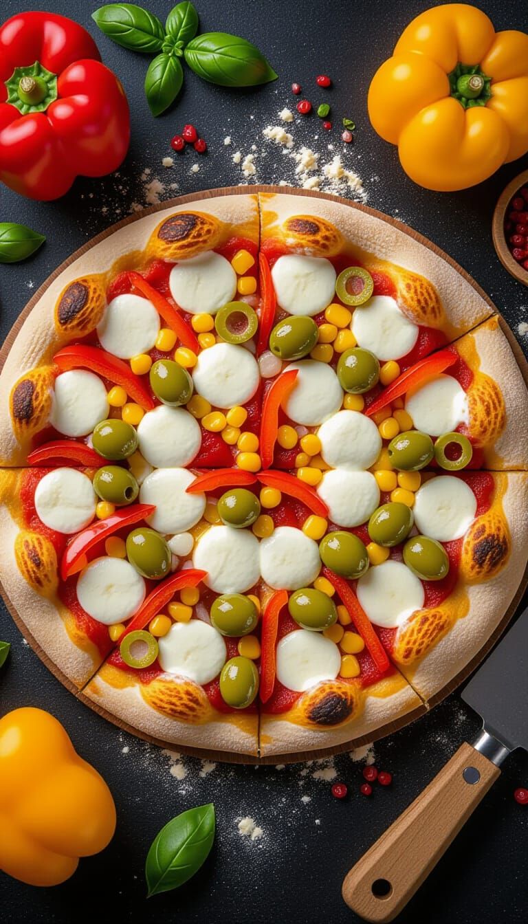 Vibrant Overhead Pizza Making Scene with Colorful Toppings
