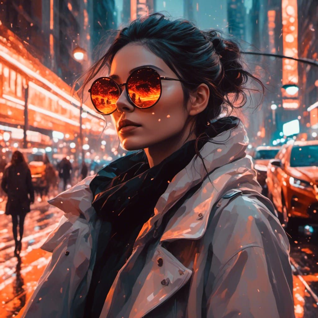 Woman's Sunglasses Reflect Burning Cityscape