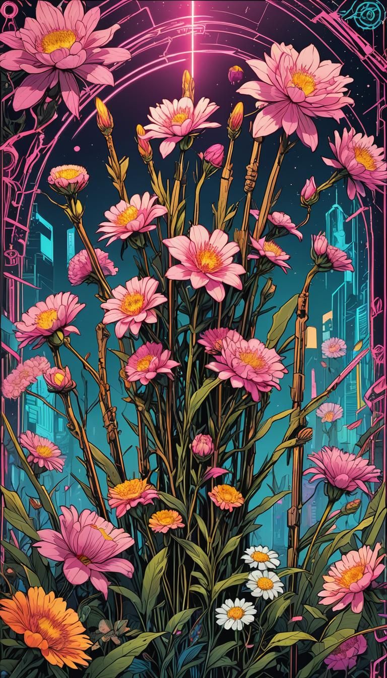 Eight of Wands Tarot Card in Cyberpunk Style