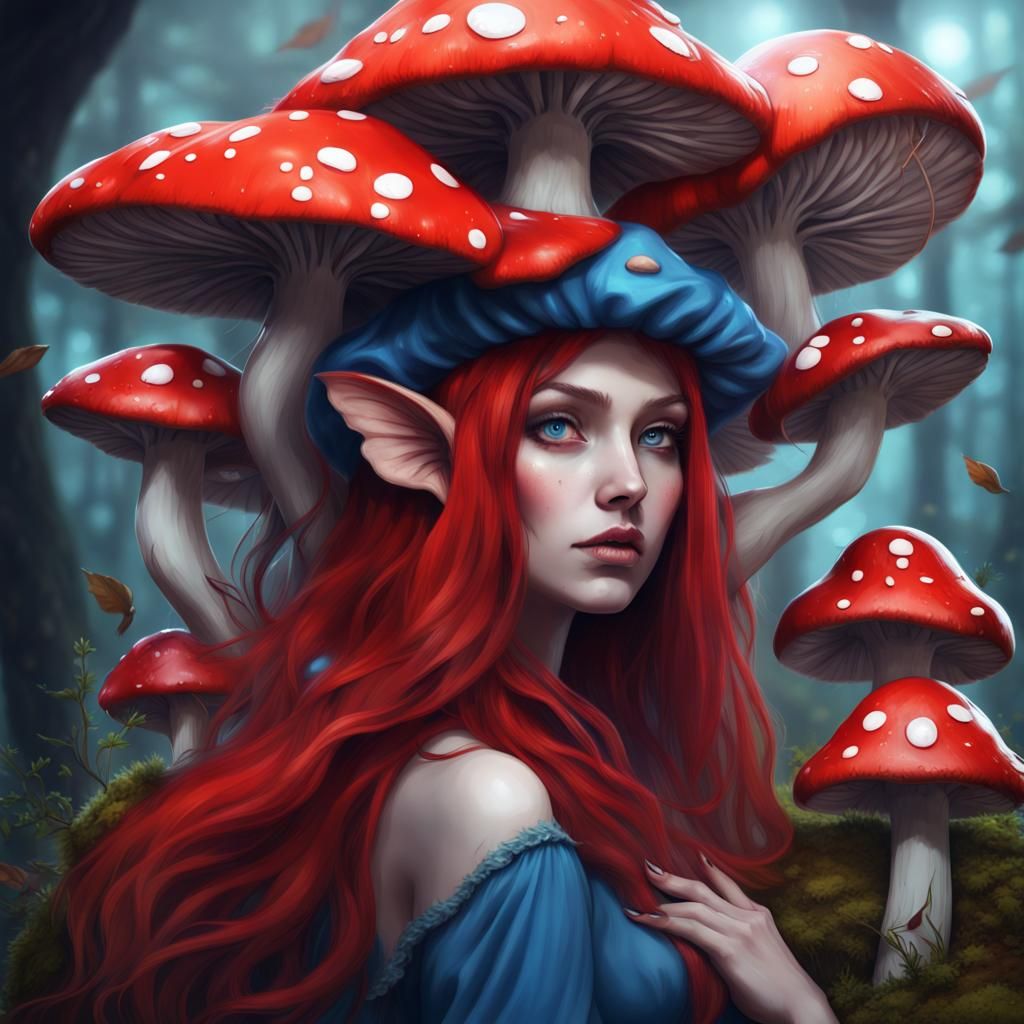 Anime Mushroom Woman with Cat Ears and Bat Wings