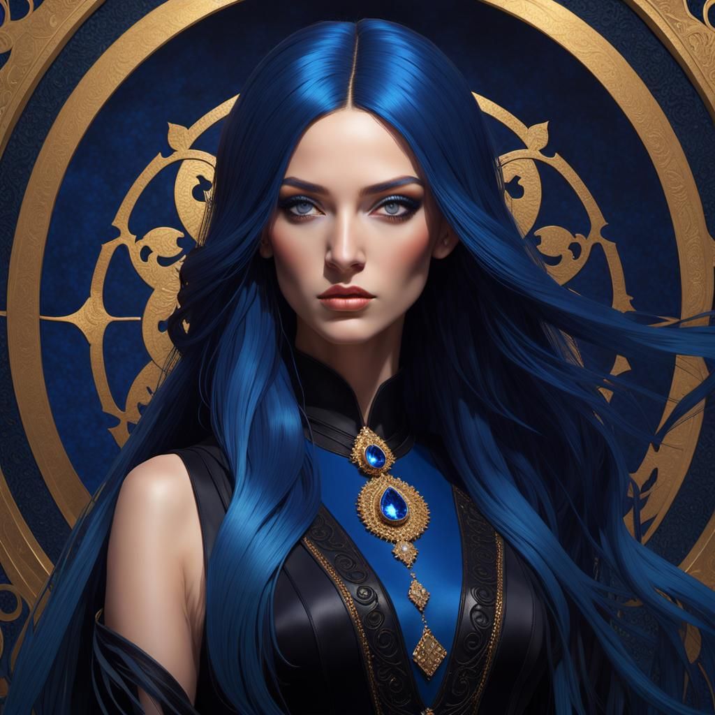 Blue-Haired Woman Portrait with Ornate Details