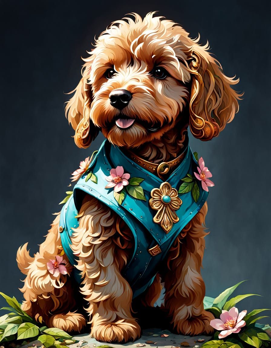 A Flawless Baby Goldendoodle in Vibrant Floral Attire