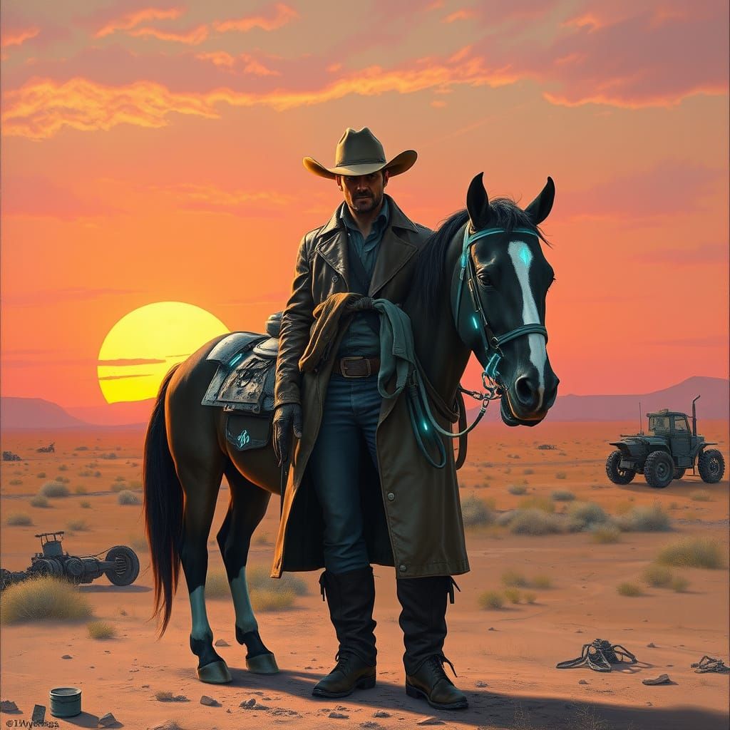 Cyberpunk Cowboy Rides into a Futuristic Sunset