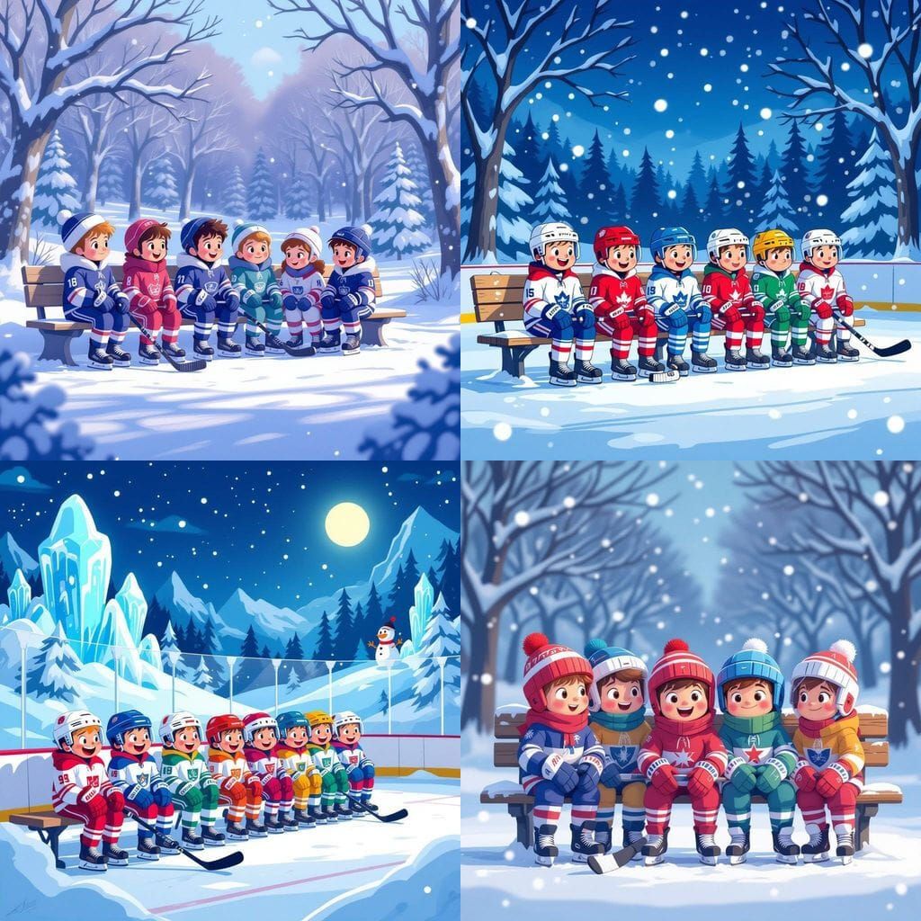 Cartoon Kids Ice Hockey Team in Snowy Fantasy World