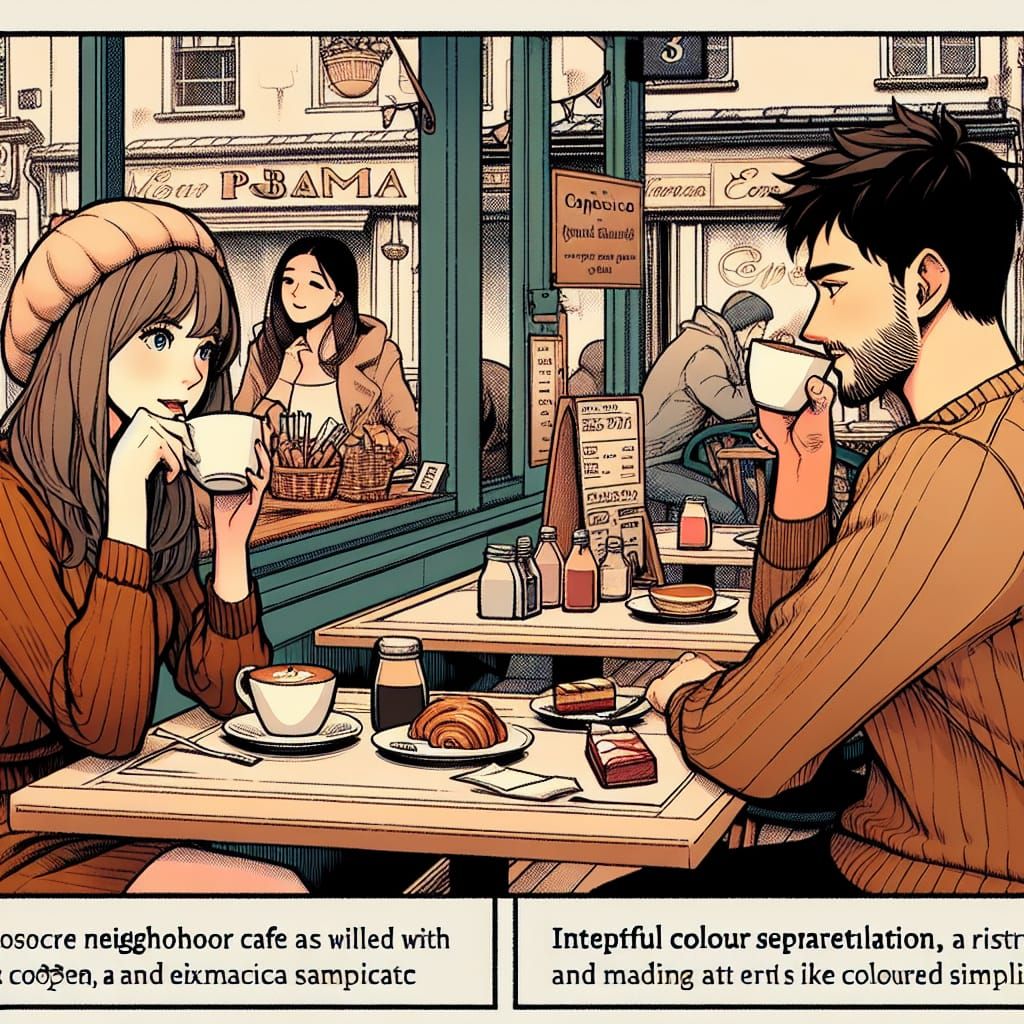 Cafe Scene: Manga-Style Color Separation and Emotion