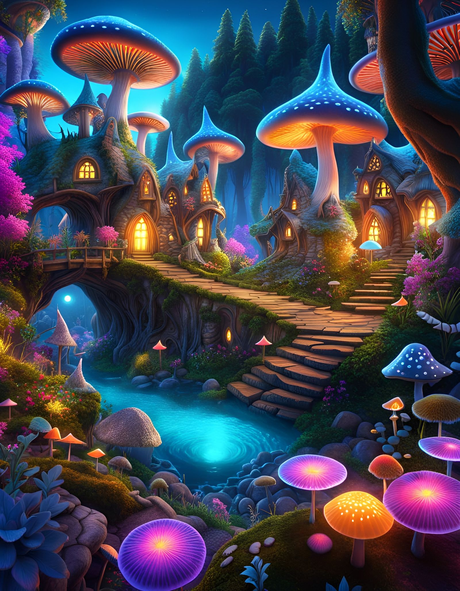 Psychedelic Fairy Village in Magical Forest