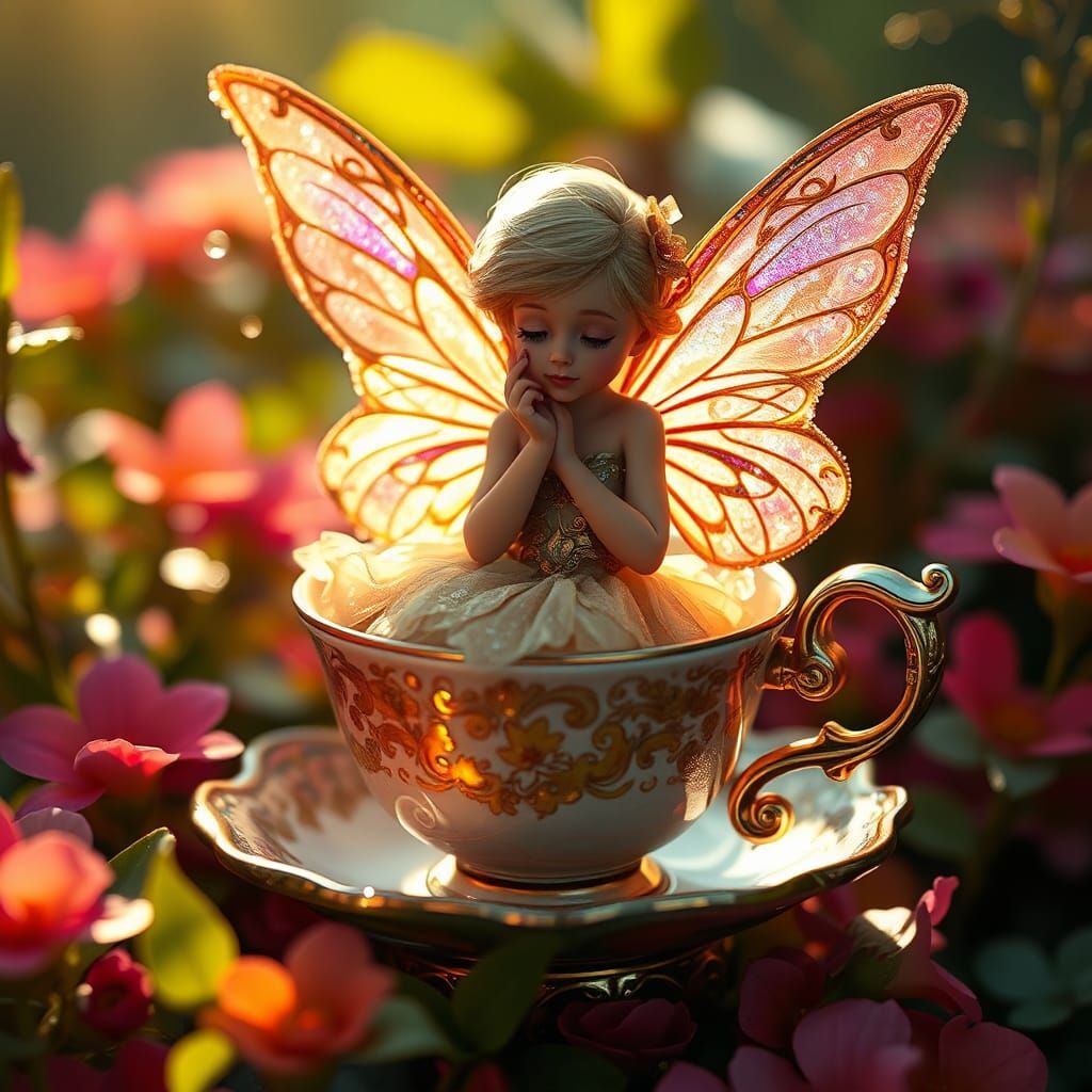 Enchanting Fairy in Teacup, Art Nouveau Style