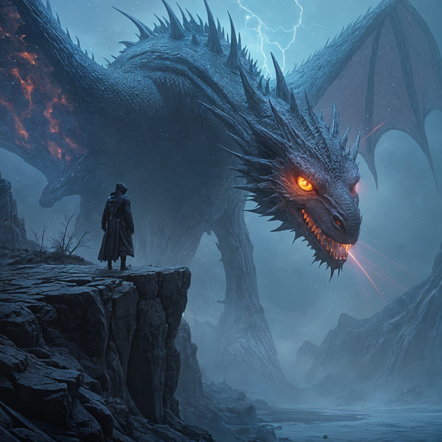 Mysterious Figure Contemplates Cosmic Dragon in Epic Fantasy...