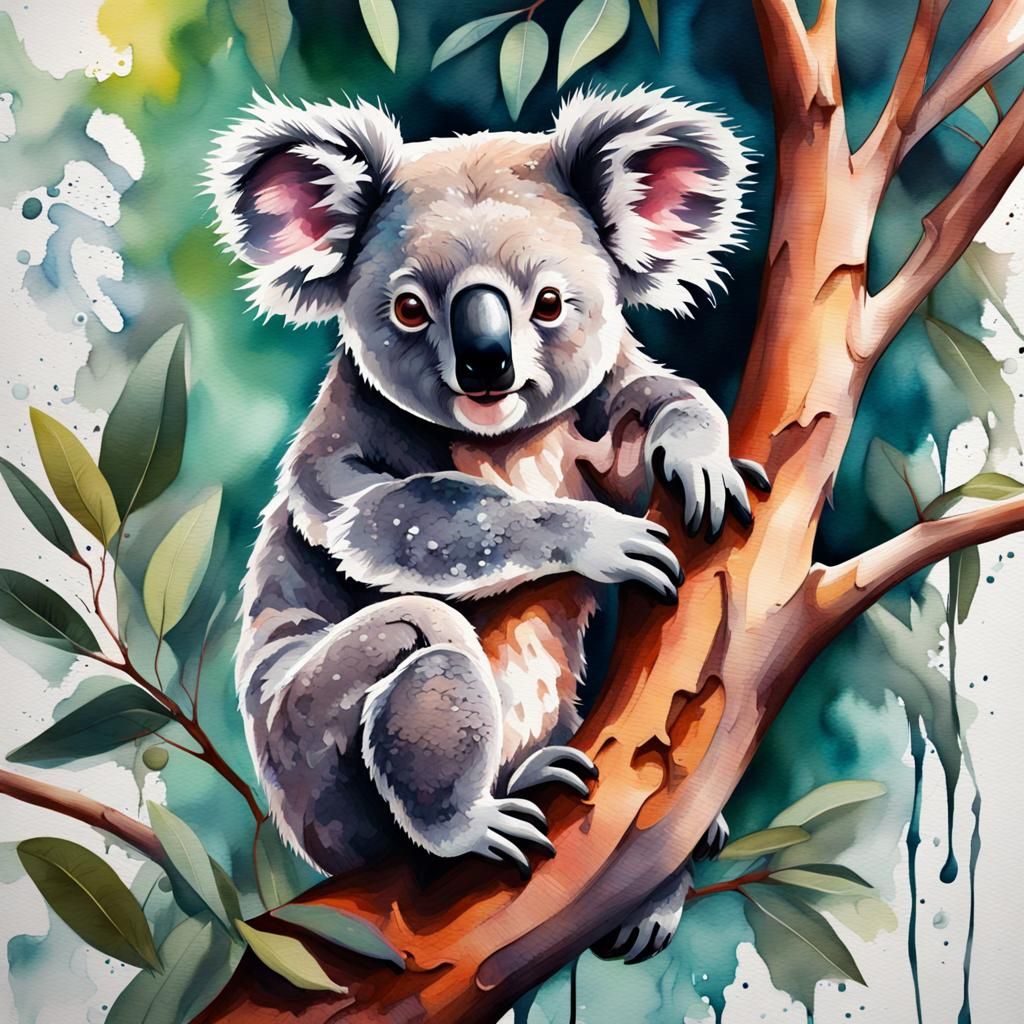 Koala in Watercolour on Eucalyptus Tree
