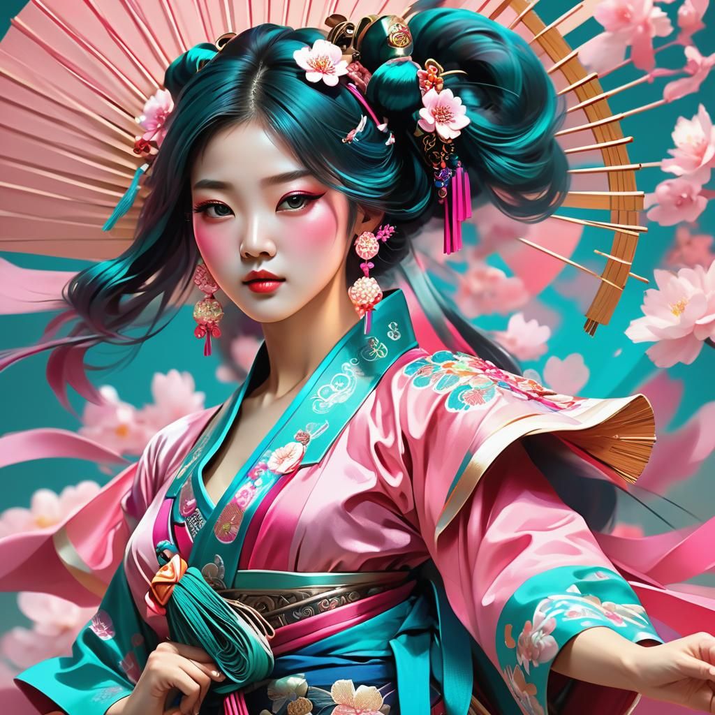 Korean Fan Dancer Portrait in Art Nouveau Style