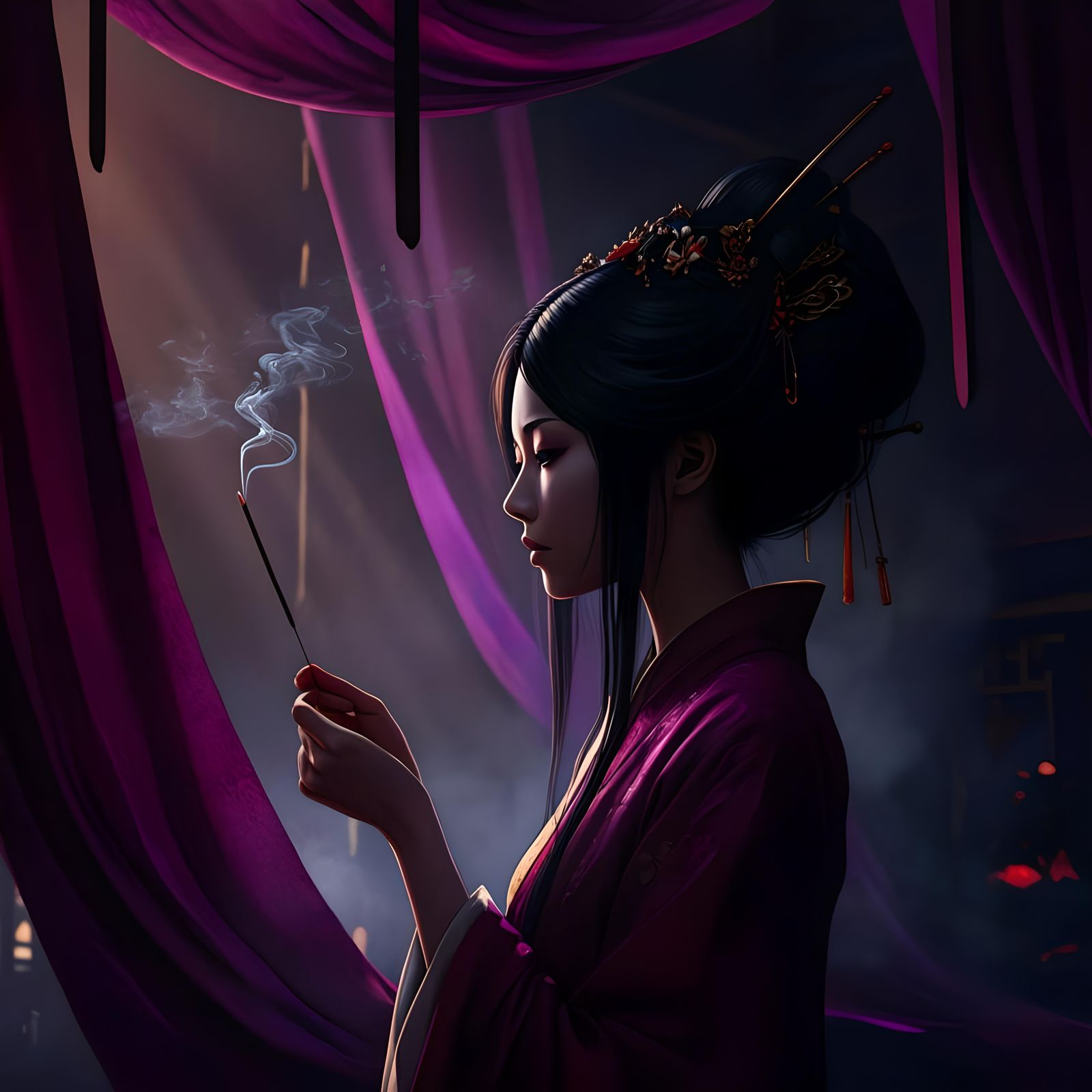 Incense Stick in Room with Purple Curtains