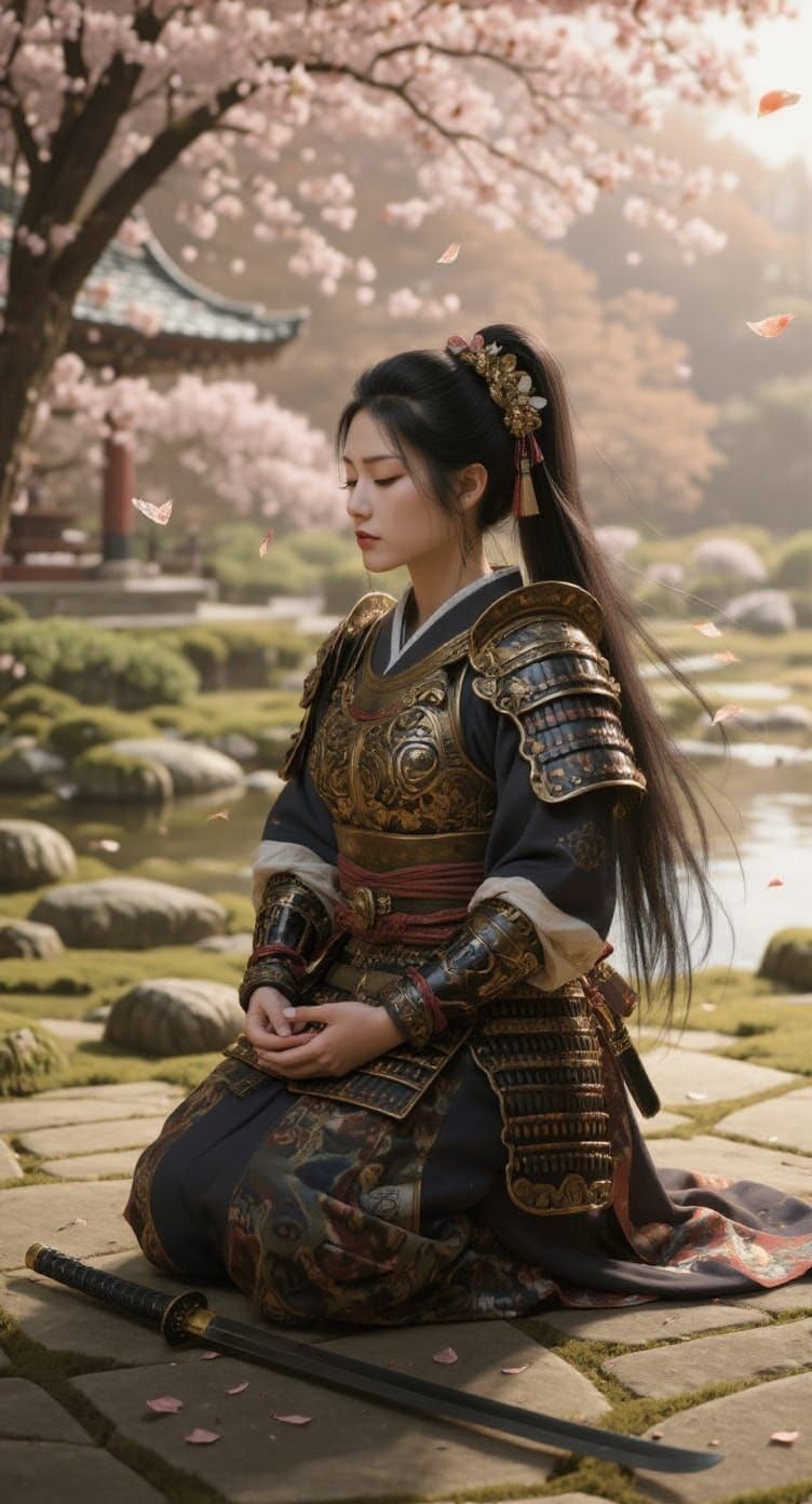 Samurai Woman Meditating in Zen Garden