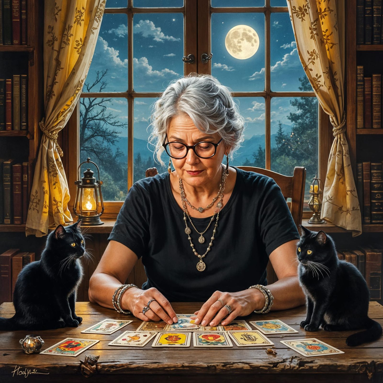 Slovak Woman Reading Tarot Cards in Rockwell Style