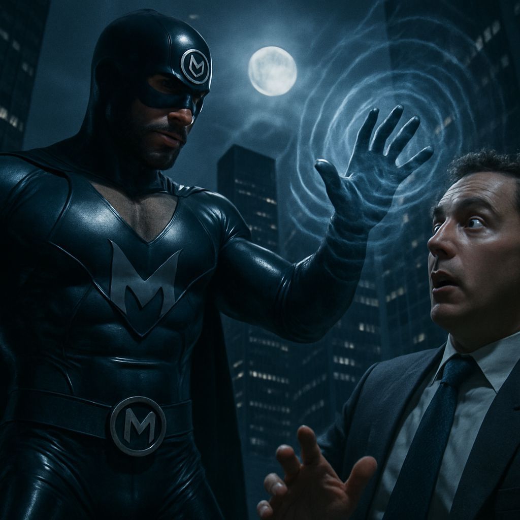 Muscular Superhero Confronts Banker with Mind Powers