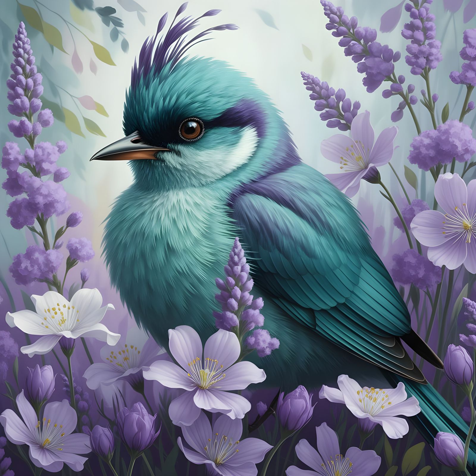 Ethereal Teal Bird in Impressionistic Floral Scene