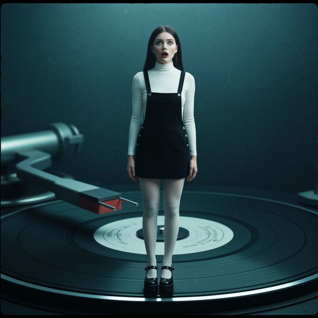 Miniature Woman on Record Player: Cinematic Still