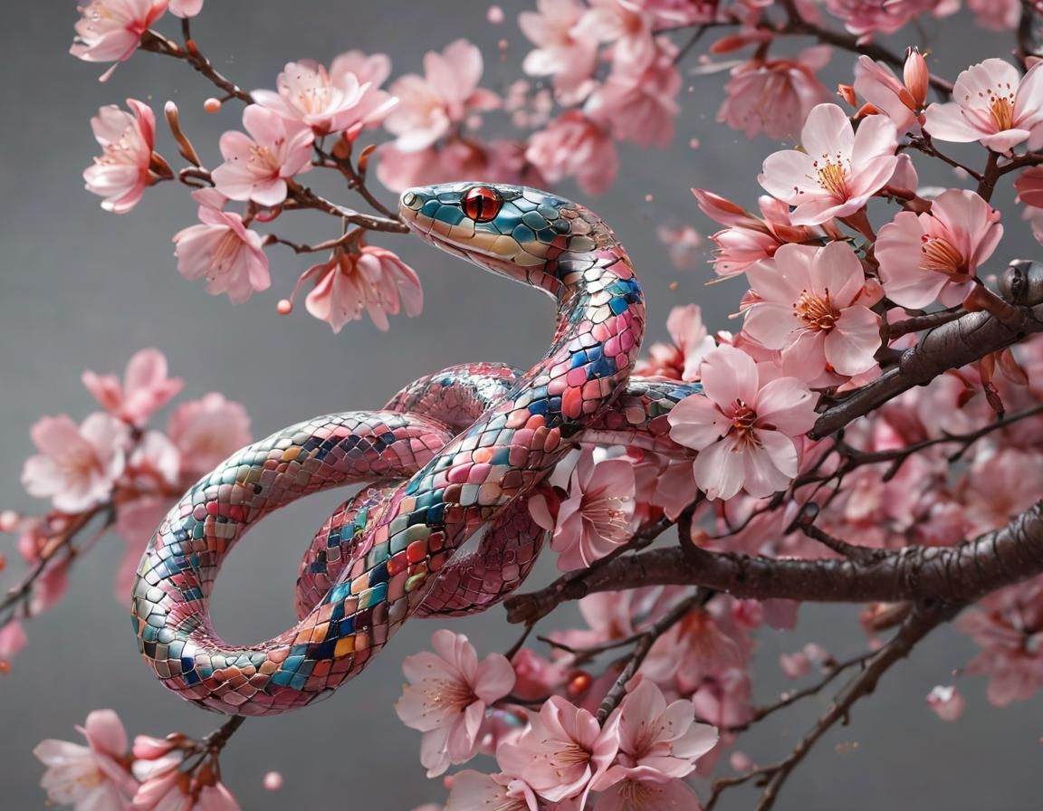 Glass Snake with Cherry Blossoms, Detailed Fantasy Art