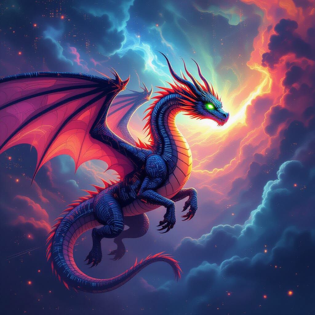 Binary Dragon Soaring Through Digital Nebula