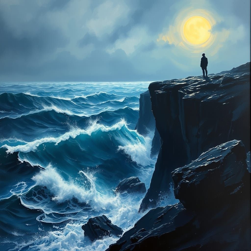 Titanic Waves and Solitary Figure Under Stormy Sky