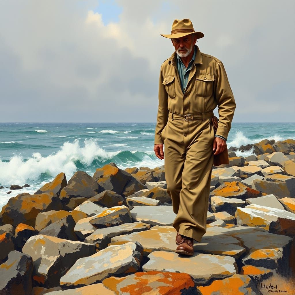 Fisherman on Rocky Shore in Oil Painting Style