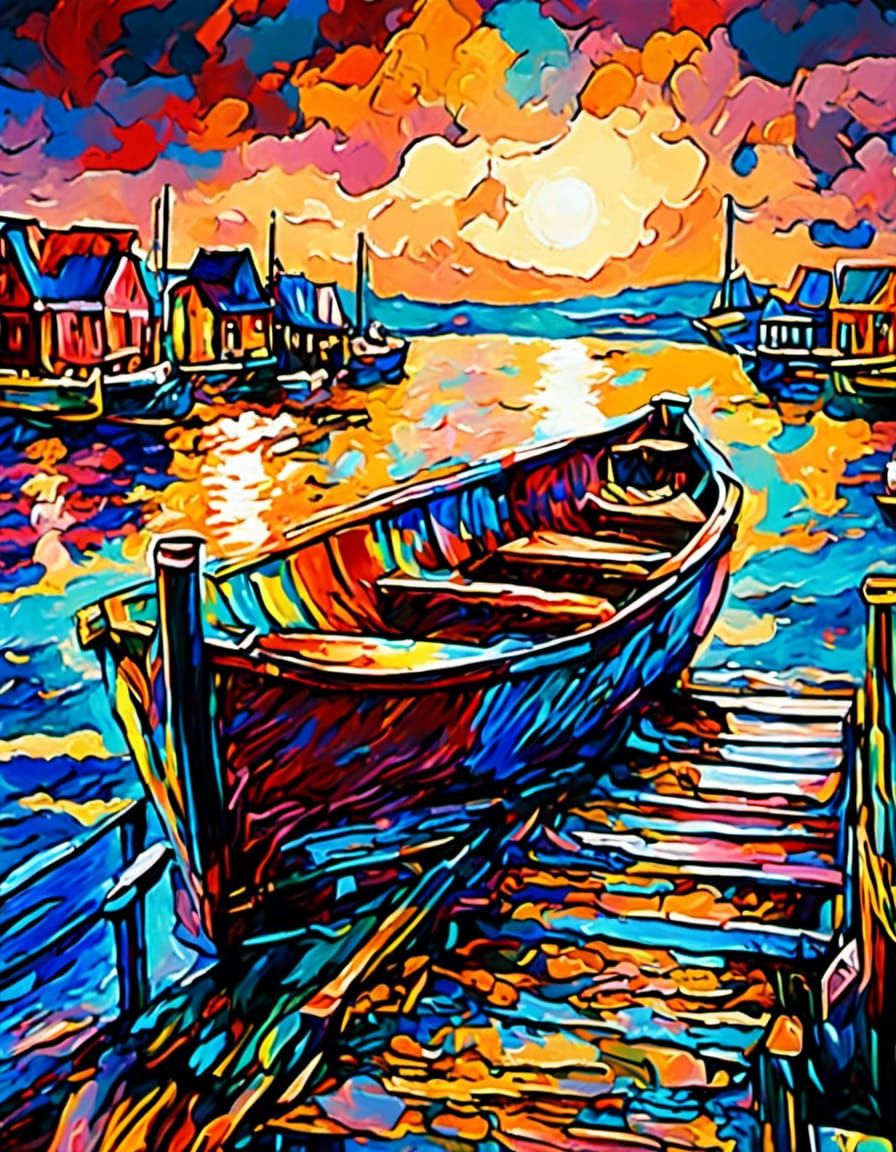 Stormy Harbour: Neo-Impressionist Oil Painting in Triadic Co...