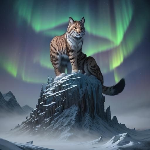 Snow Lynx with Skeleton Tail on Mountain Peak