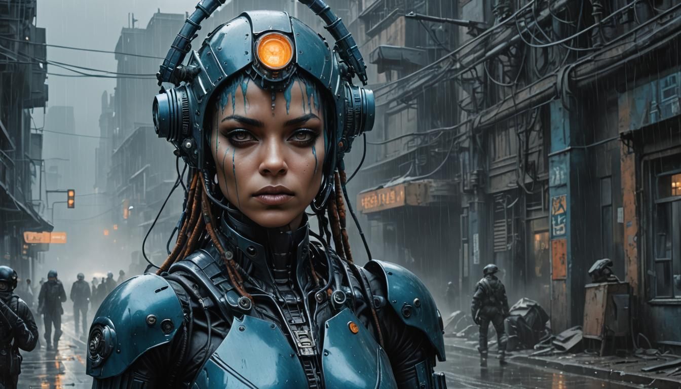 Blue Cyborg in Post-Apocalyptic Cityscape