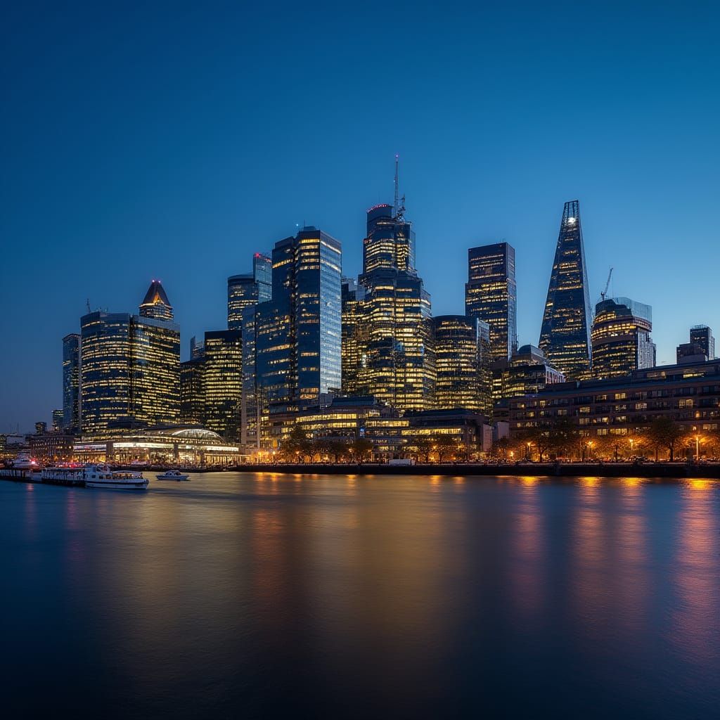 Canary Wharf Skyline at Dusk Over Thames River