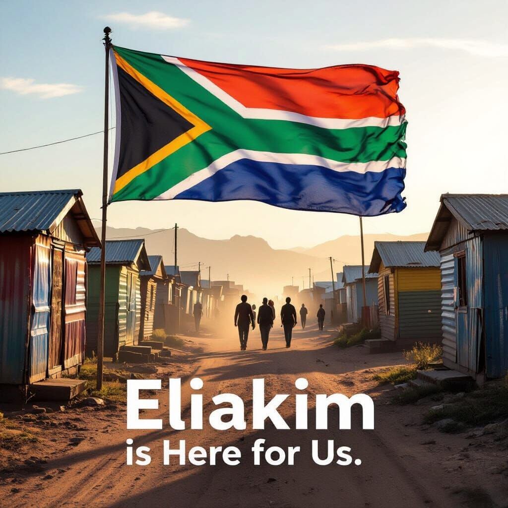 South African Flag Over Shacks, Hopeful Community Scene