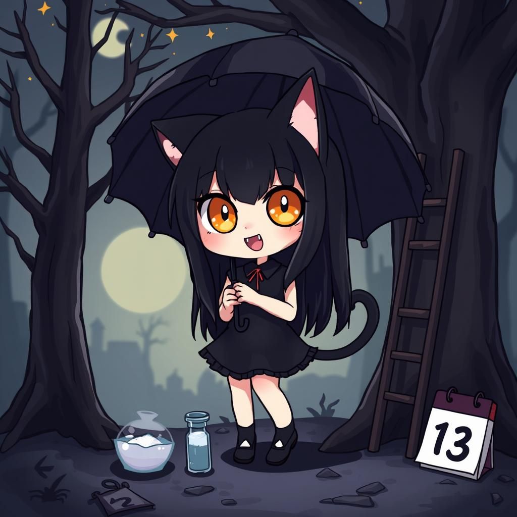 Adorable Chibi Catgirl in Spooky Anime Style