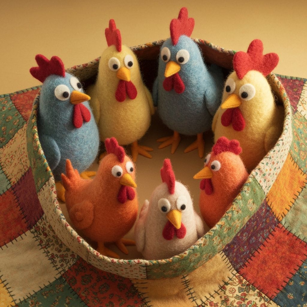 Felt Chickens Gathered Under Patchwork Quilt