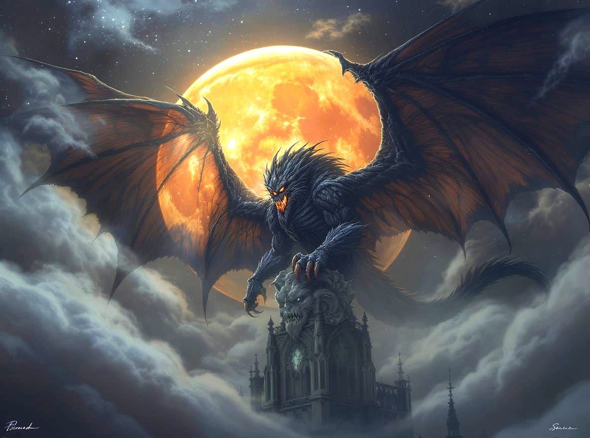 Dark Fantasy Monster on Gothic Cathedral in Ethereal Fog