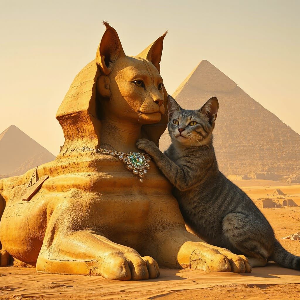 Giant Cat Rubs Sphinx: Digital Painting